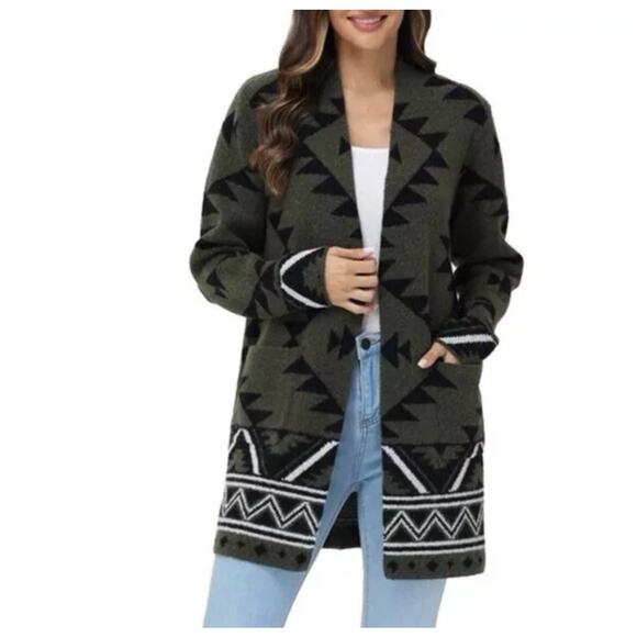 Frye Southwest Aztec Knit Cozy Cardigan Sweater Jacket Large NWT - Picture 1 of 9